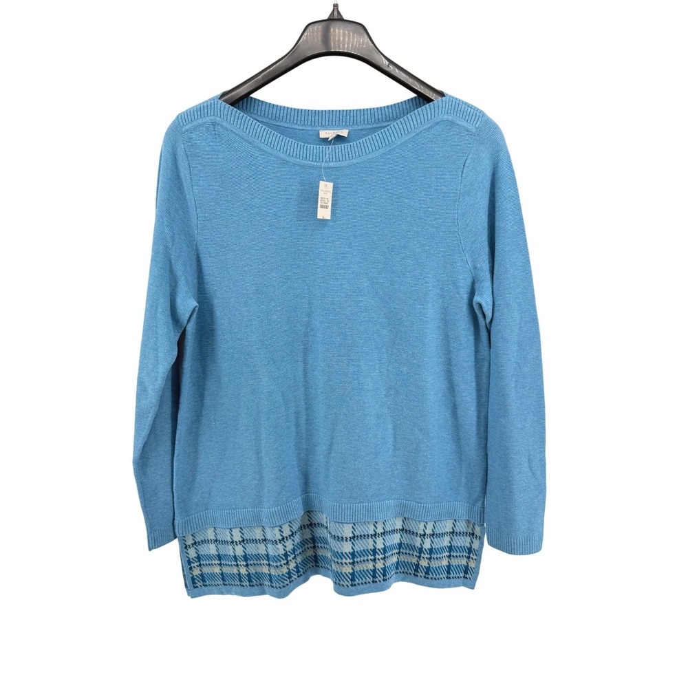 NEW Talbots Outlet Sweater Womens XL Pullover Blue Plaid Hem Layered Boat Neck
